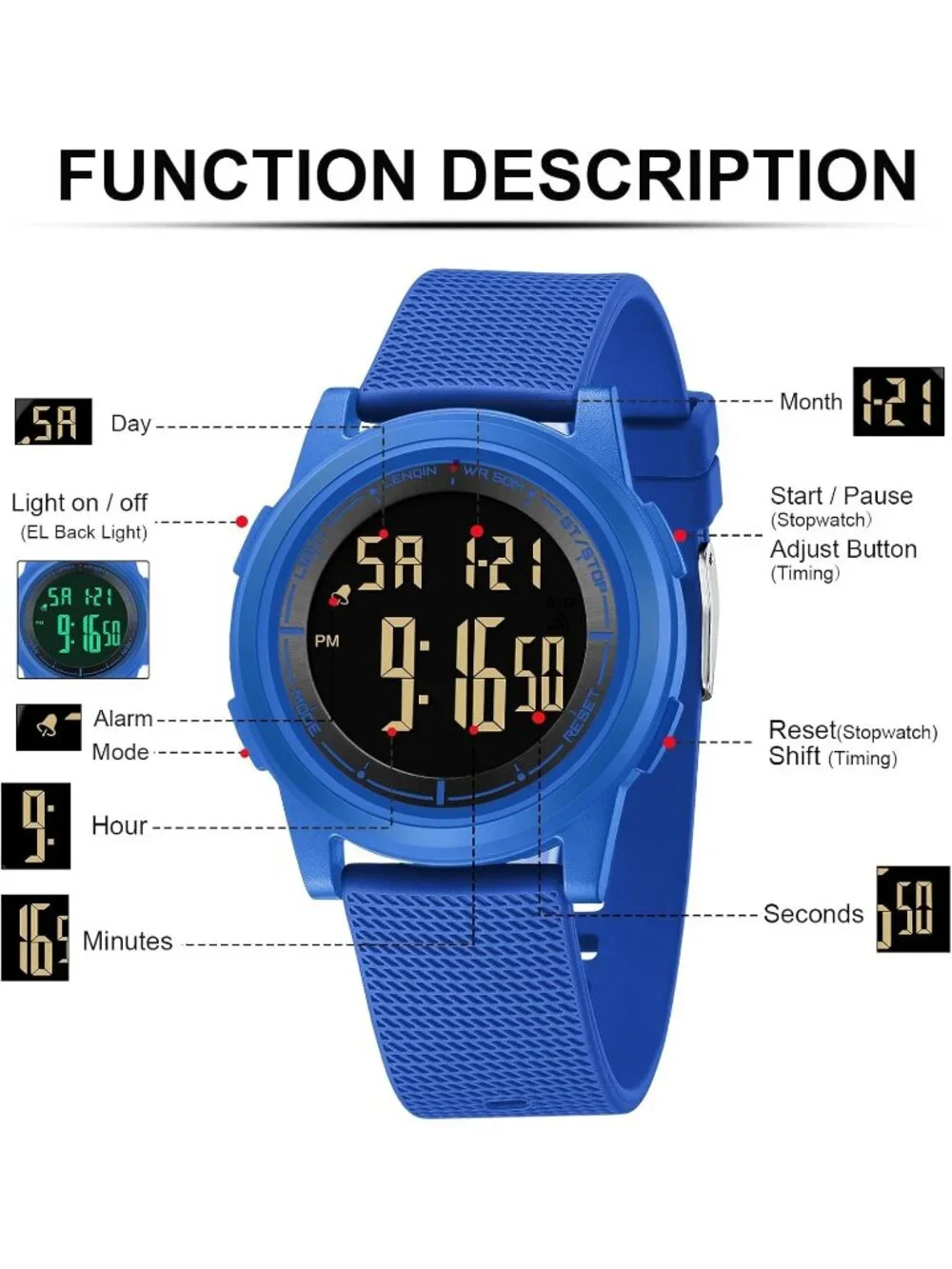 Men's Blue Black Digital Ultra Thin Sports Waterproof Silicone Band Wrist Watch